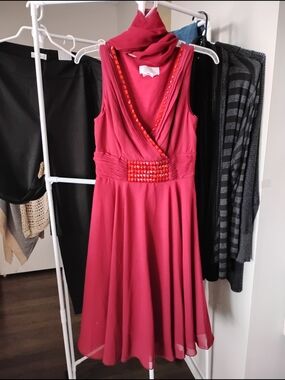 FIESTA Women Sleeveless Raspberry Embellished Crossover V Neck Fit & Flare Dress